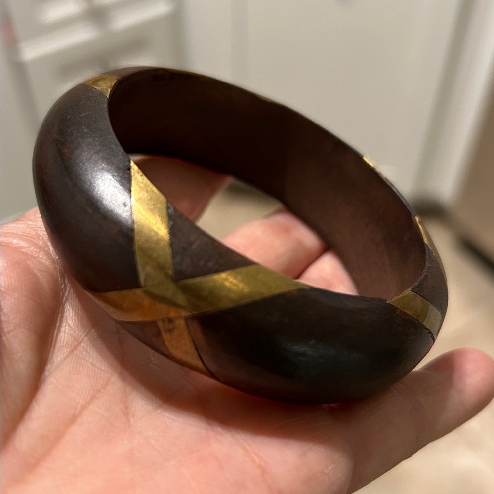 Wood bangle bracelet with gold X design tribal vibes